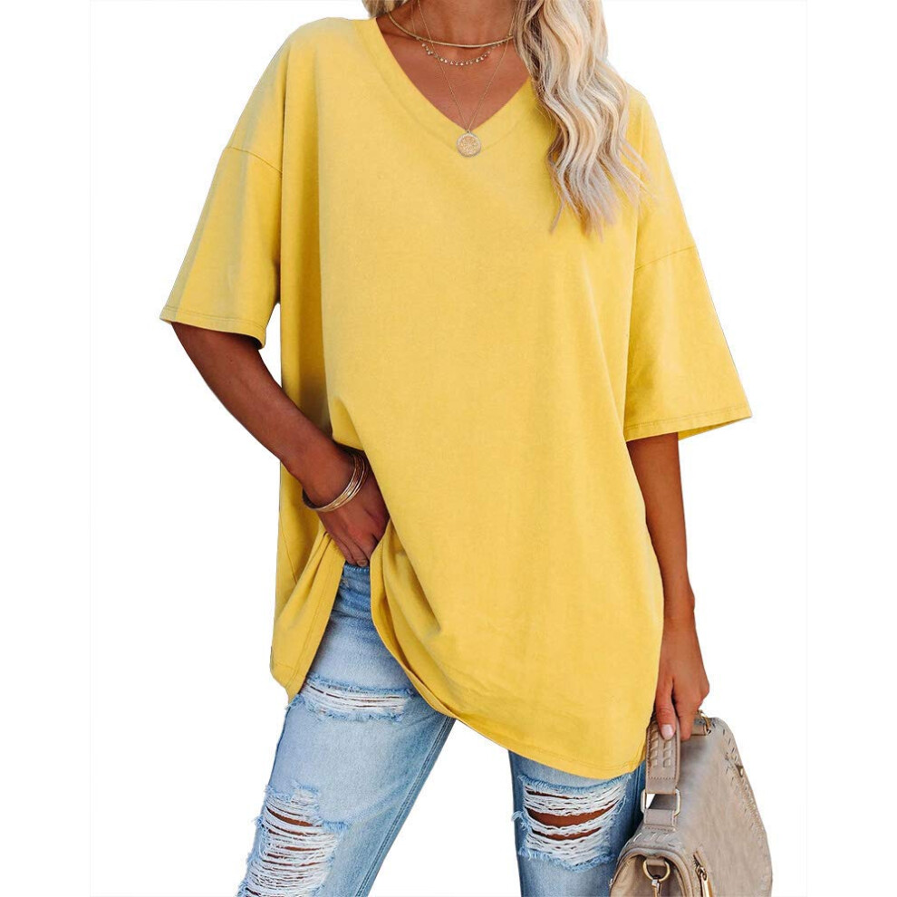 T-shirts surdimensionnés pour femmes Ebifin T-shirts à manches mi-longues et col en V Hauts tuniques confortables en coton