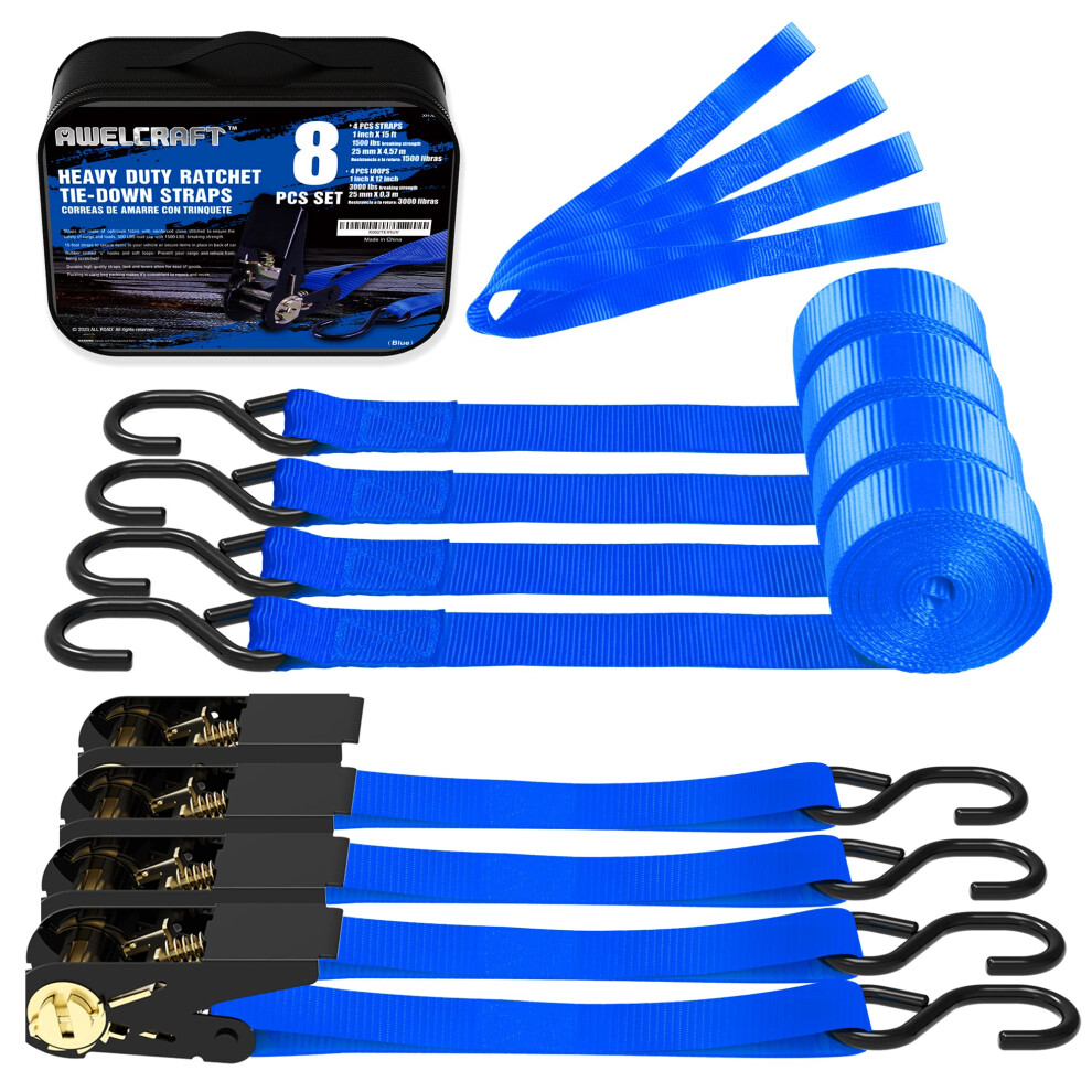 Awelcraft Ratchet Straps 1500 Lbs Breaking Strength - Premium 4X 15Ft 6951340640668