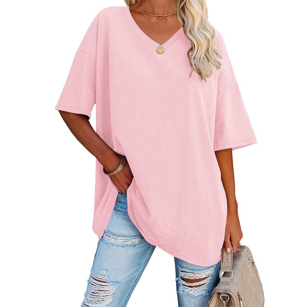 T-shirts surdimensionnés pour femmes Ebifin T-shirts à manches mi-longues et col en V Hauts tuniques confortables en coton