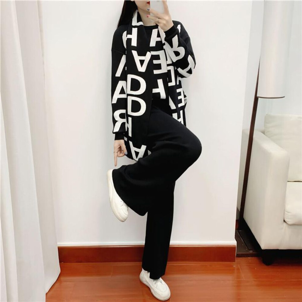 (black, S) Autumn and Winter Women&apos;s Knitted Three-piece Suit Long-sleeved Knitted Top Wide-legged Pants Scarf Casual Fashion Temperament Three-piece Suit