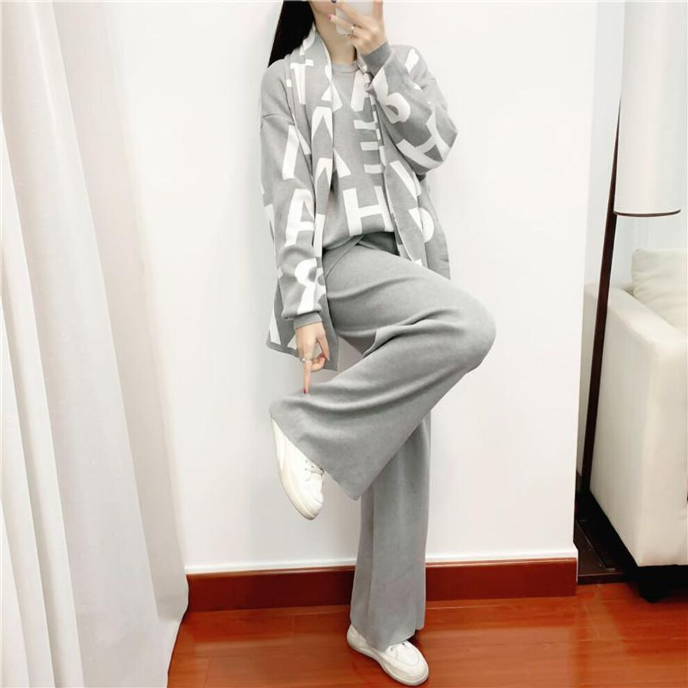 (gray, XXL) Autumn And Winter Women&apos;s Knitted Three-piece Suit Long-sleeved Knitted Top Wide-legged Pants Scarf Casual Fashion Temperament Three-piece Suit