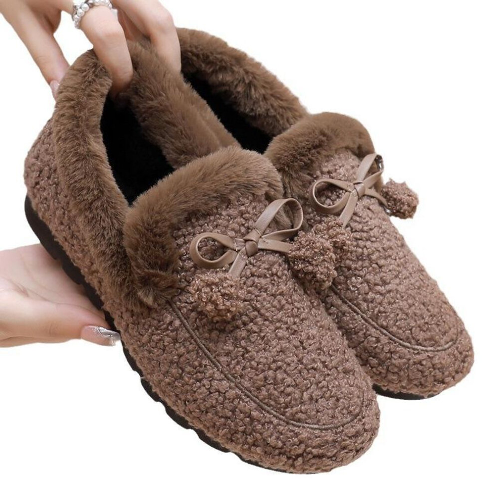 (brown, 39) Women&apos;s Winter Faux Fur Loafers Warm Cozy Slipper With Polar Fleece Lining Non Slip House Shoes For Indoor Outdoor Flat Shoes With Bow-tie For Fe