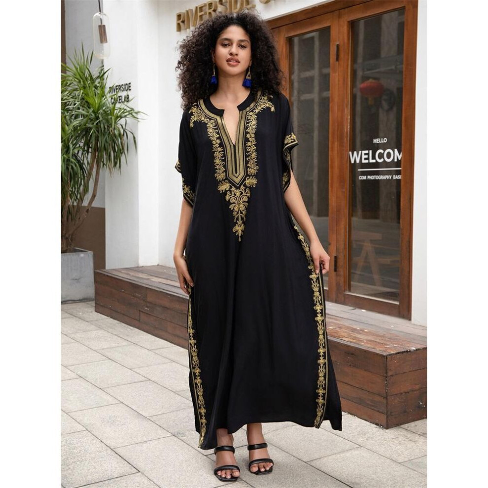 (One size, black) Edolynsa 2024 Women&apos;s Elegant Premium Gold Thread Embroidery Plus Size Kaftan Dress Summer Sexy Deep V Neck Short Sleeve Beachwear Swimwear Cover