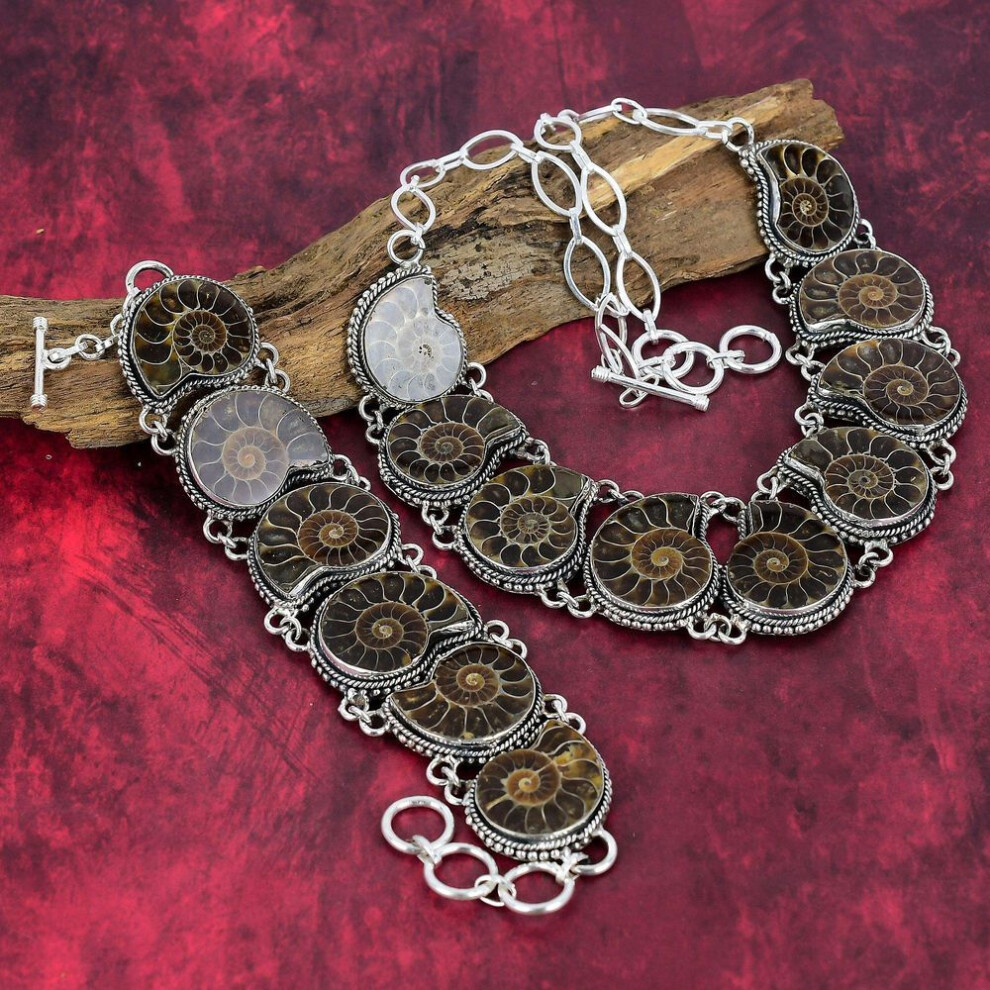 (brown, Adjustable With 8"-18") Ammonite Fossil Handmade Jewelry, 925 Solid Sterling Silver Jewelry Bracelet & Necklace Jewelry Set For Her, Wonderful Gemstone Jewelry Set For He