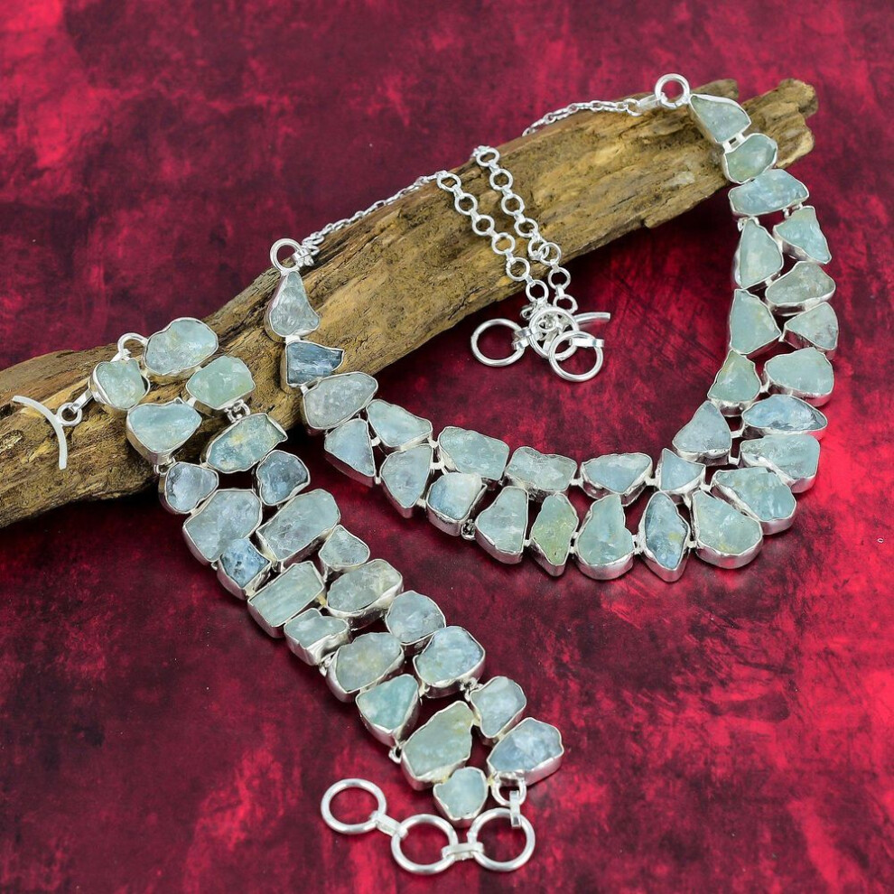 (blue, Adjustable With 8"-18") Rough Aquamarine Gemstone Jewelry, 925 Solid Sterling Sliver Necklace & Bracelet Jewelry Set, Handmade Silver Jewelry Set For Her, Gorgeous Jewelr