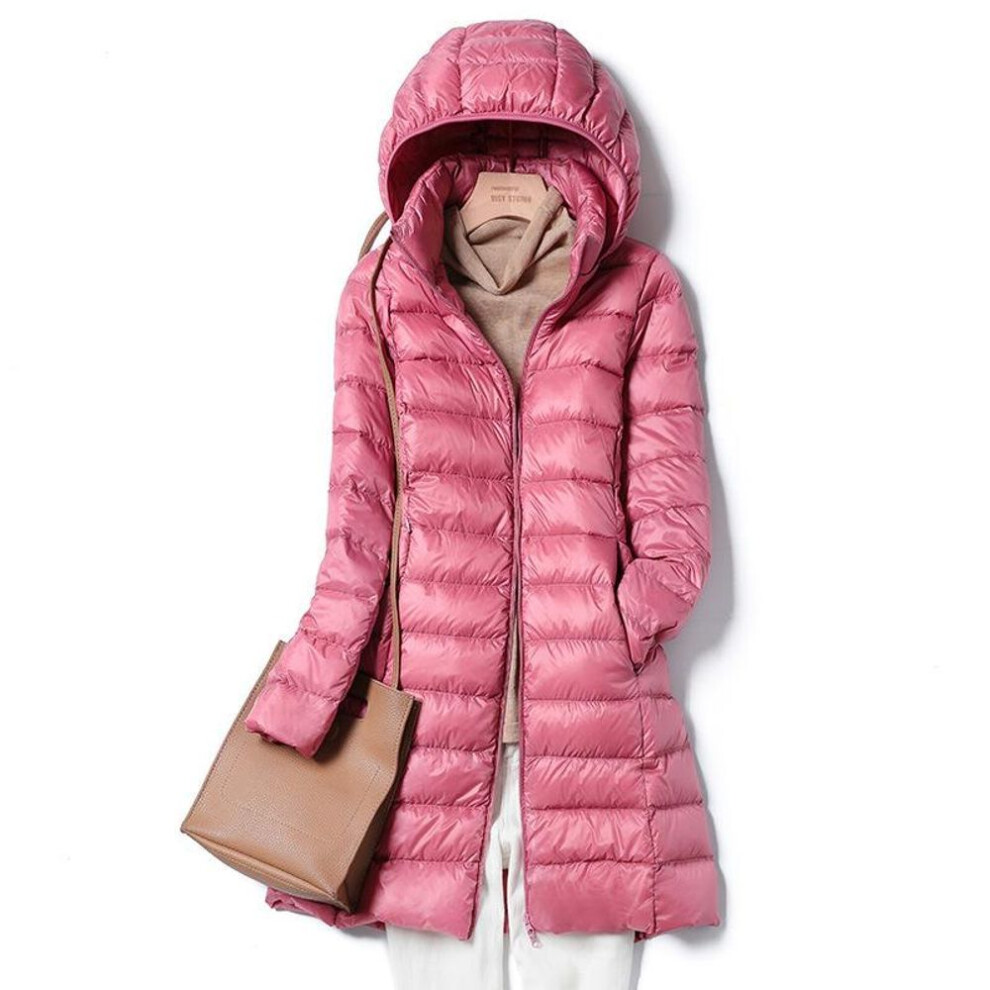 (pink, XL) Autumn and Winter Plus Size Women&apos;s Ultra Lightweight Packable Long Puffer Jacket Female Hooded Korean Slim Coat with Oversized Detachable Cap