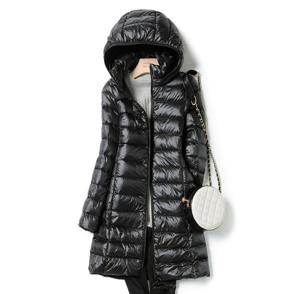 (black, XL) Autumn And Winter Plus Size Women&apos;s Ultra Lightweight Packable Long Puffer Jacket Female Hooded Korean Slim Coat With Oversized Detachable Cap