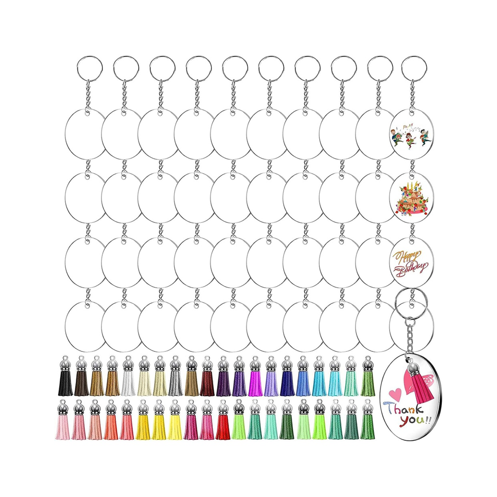 Ensemble de porte-clés transparents en acrylique, pendentifs vierges transparents avec pompons et anneaux ouverts