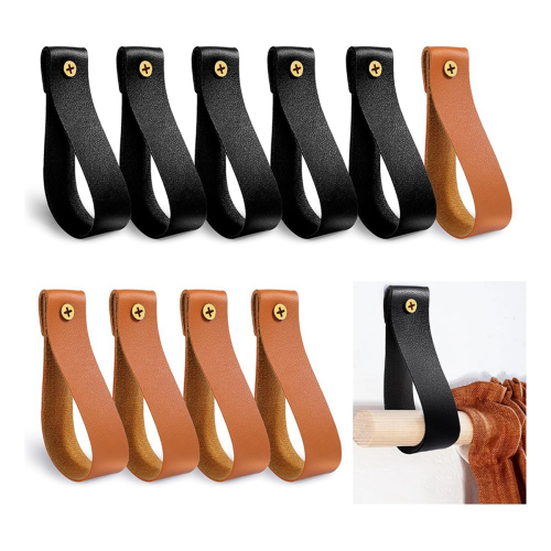 10Pcs Leather Curtain Rod Holder,Leather Bracket,PU Loop Strap for Wood Rod,Strap Wall Hooks 2