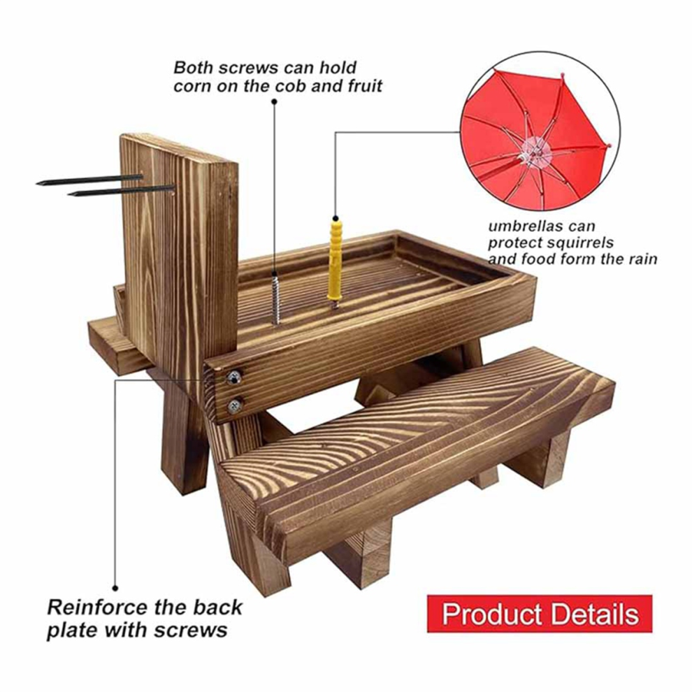 Table de pique-nique avec mangeoire à écureuils et parasol, mangeoires en bois pour l'extérieur, jolie mangeoire à tamias + structure solide B