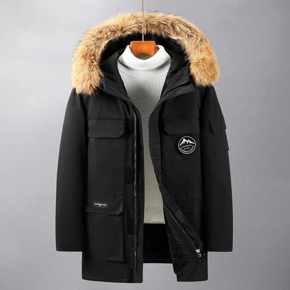 (black, 7XL) Plus Size Pie Overcome Men&apos;s Winter Mid-length Plus Velvet Thickened Warm Plus Fat Plus Large Hooded Cotton Coat Fat Man&apos;s Cotton Coat 4xl-1