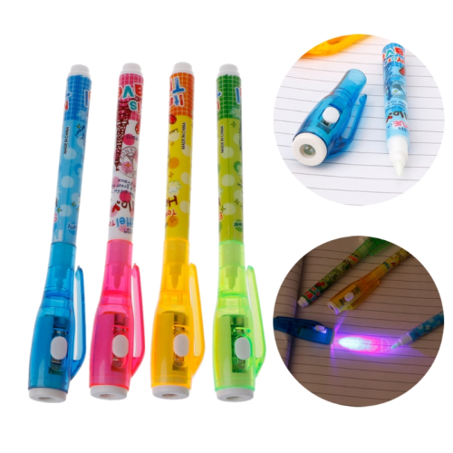 (White) 4PCS Invisible Ink Pen Spy Pen With UV Light Magic 2