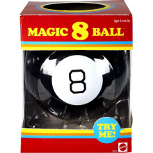Detsk   hracka s loptickou Magic 8 od Mattel Games v retro   t  le - ve  tkyna. Polo  te ot  zku a otocte pre odpoved.