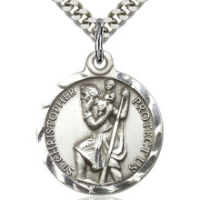 Medaglia rotonda da uomo in argento sterling di San Cristoforo + catena infinita placcata in rodio da 24 pollici