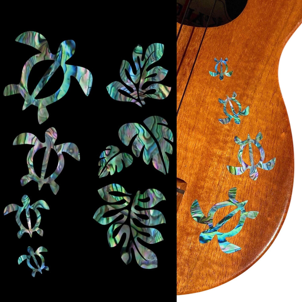 Adesivi Per Ukuleles - Honu Family & Tropical Monstera Foglie - Abalone Blue, UK-273HF-BL-AZ-image