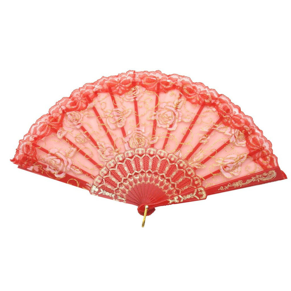 Trendbox Elegante Ventaglio Pieghevole Cinese Vintage Retr Con Fiori E Rose In Pizzo Per Feste Di Ballo Da Donna - Rosso-image