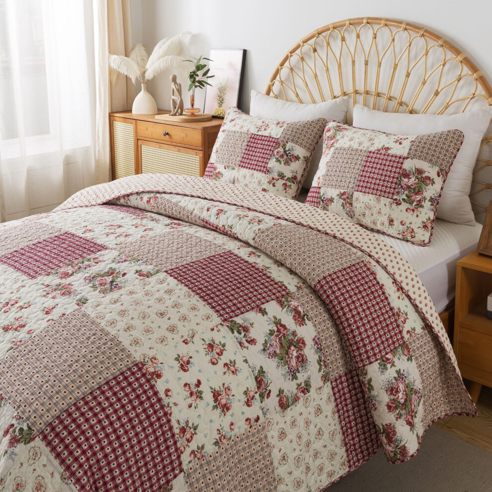 Slpr Country Roses Patchwork Cotton Pieced Quilt Set - Queen Size Avec 2 Taies D'oreiller Literie Florale De Style Campagnard Fran Ais Couvre-Lit-image