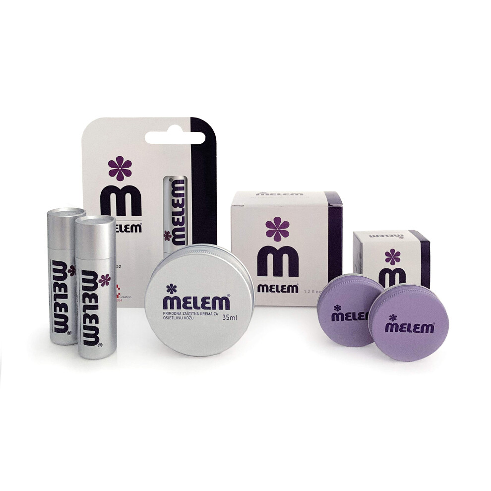 Melem Haut- Und Lippenbalsam Mit Lanolin, Kombipackung. Zwei Minidosen (Je 0,34 Oz.), Eine GroßE Dose (1,2 Oz.) Und Zwei Sticks (Je 0,16 Oz.)-image