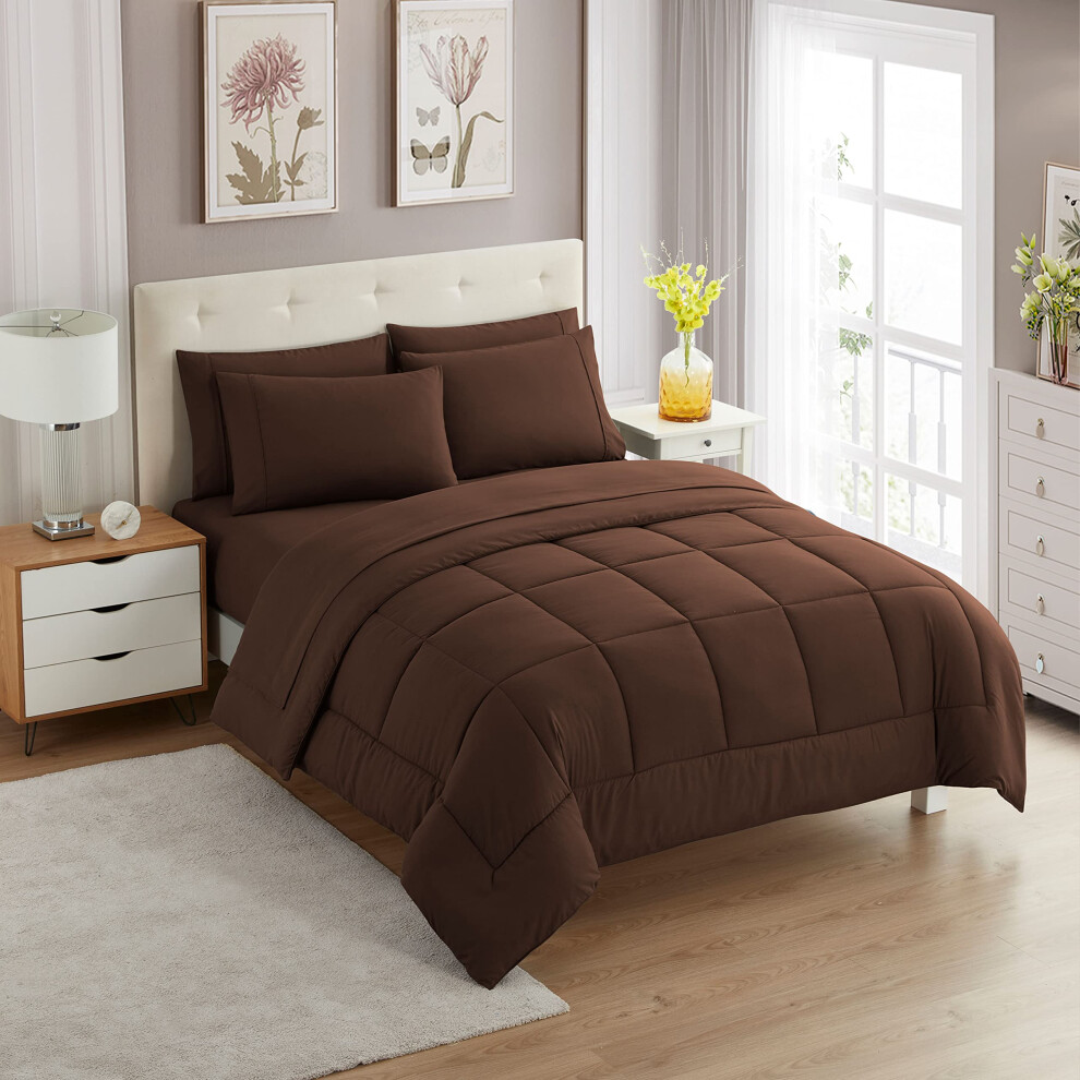 Ensemble de couette 7 pi   ces Sweet Home Collection, couleur unie, toutes saisons, couverture en duvet doux et draps luxueux en microfibre, marron