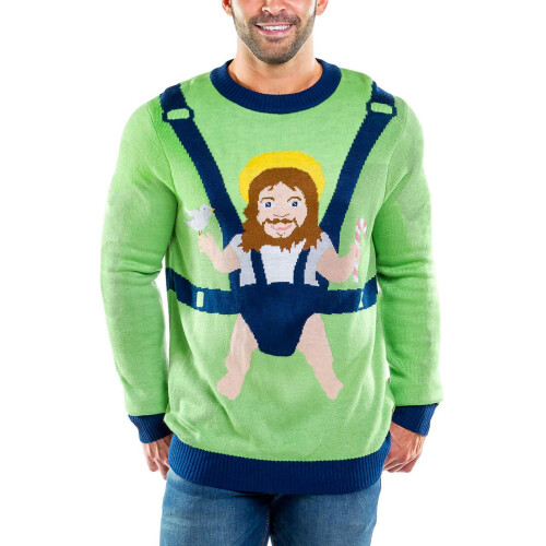 Tipsy Elves Herren-Weihnachtspullover mit s??em Jesuskind, Gr??e L, Gr?n