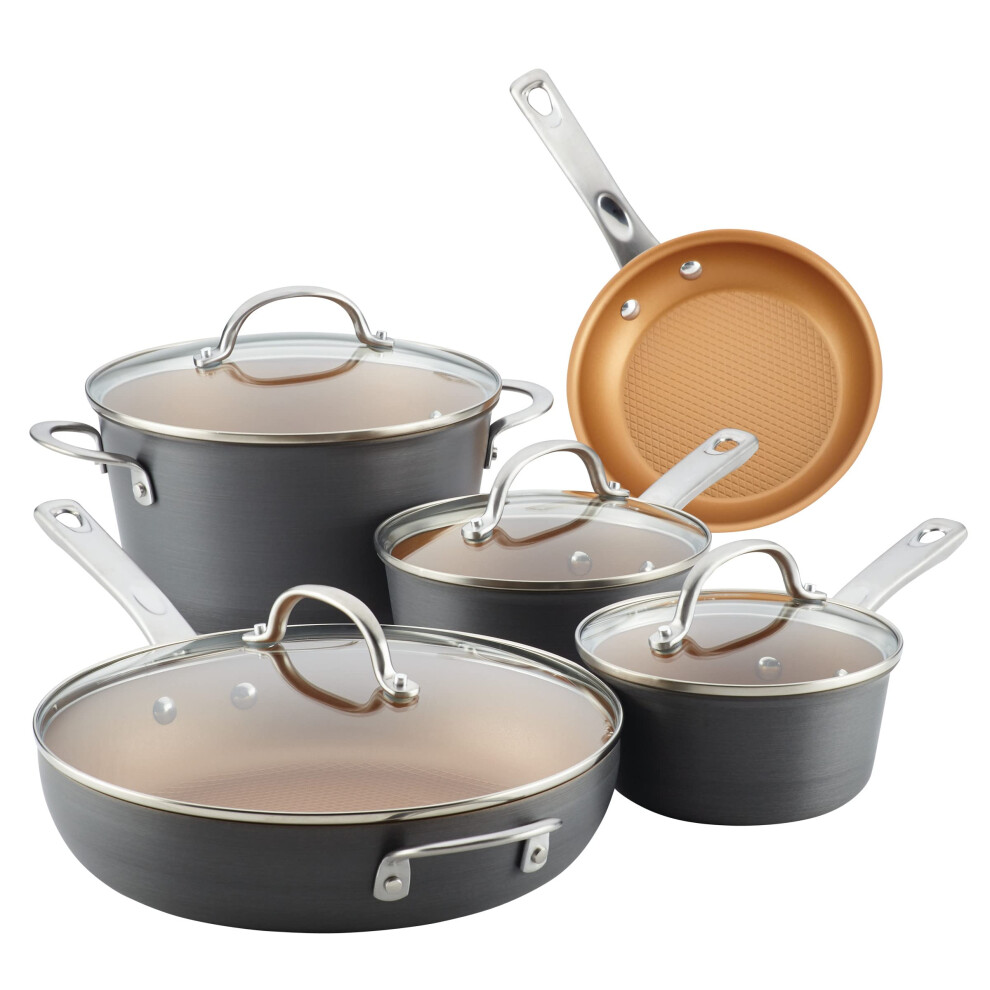 Ayesha Curry Home Collection Hard Anodized Nonstick Cookware Pots and Pans Set, 9 Piece, Charcoal Gray