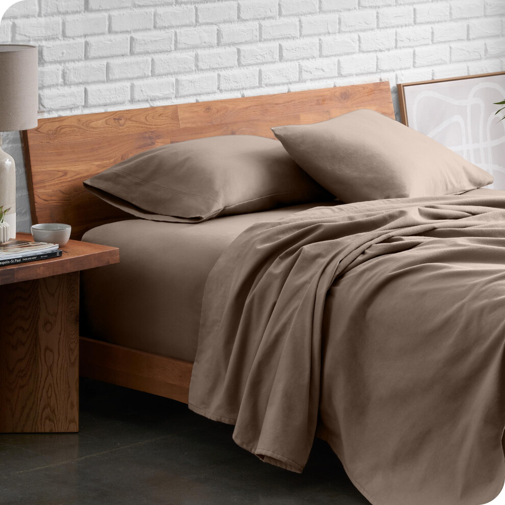Parure de draps en flanelle Bare Home 100 % coton, doux et velout   ,    pais, doublement bross   , poche profonde (Queen Taupe)