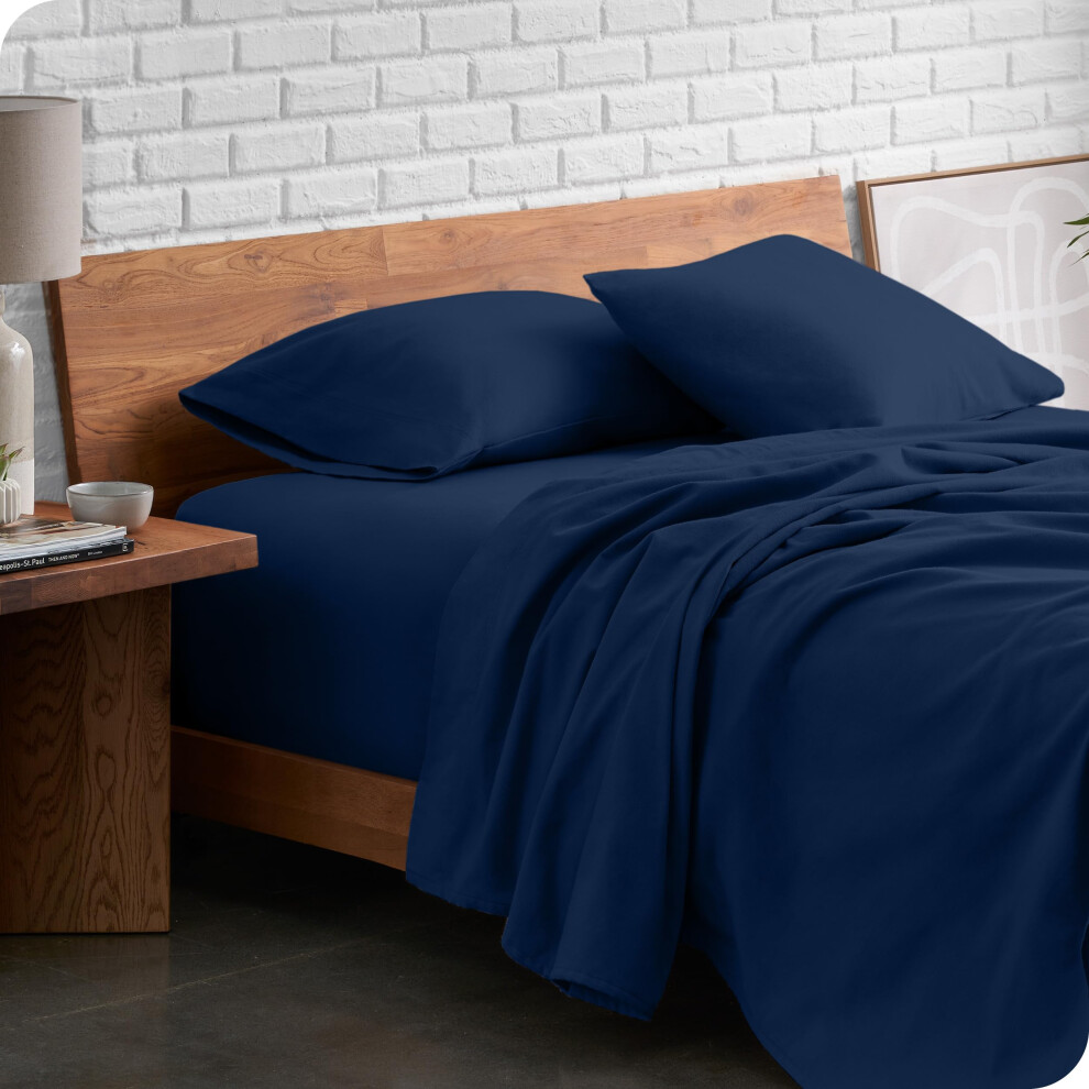 Parure de lit en flanelle Bare Home 100 % coton, douce et velout   e, poids lourd, double flanelle bross   e, poche profonde (King size bleu fonc   )
