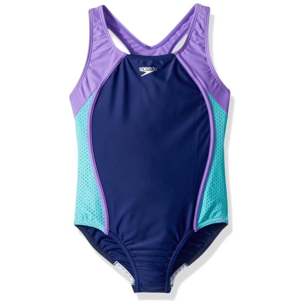 Speedo Girl's Swimsuit One Piece Mesh Splice Thick Strap Blue Harmony 14