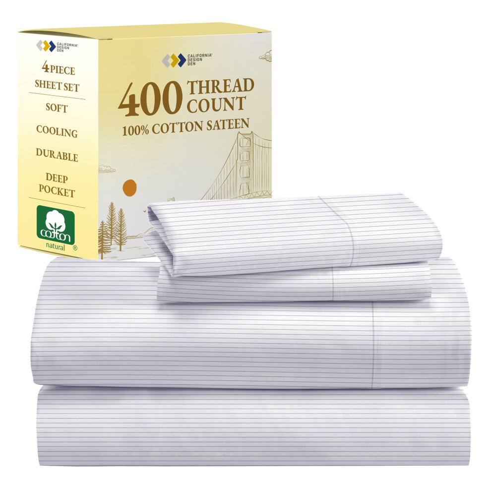 Parure de lit California Design Den Pinstripe California King - Draps 100 % coton ultra doux, draps de luxe en satin 400 fils au pouce carr   ,     p