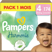 Pampers Harmonie, Taille 4, 174 Couches, 9-14kg, Protection Douce pour la Peau dorigine végétale en contact avec la peau de bébé, Pack 1 Mois