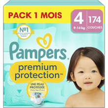 Pampers Premium Protection, Taille 4, 174 Couches, 9-14kg, Double Protection pour la peau et contre les fuites Avec Poche Stop Pack 1 Mois