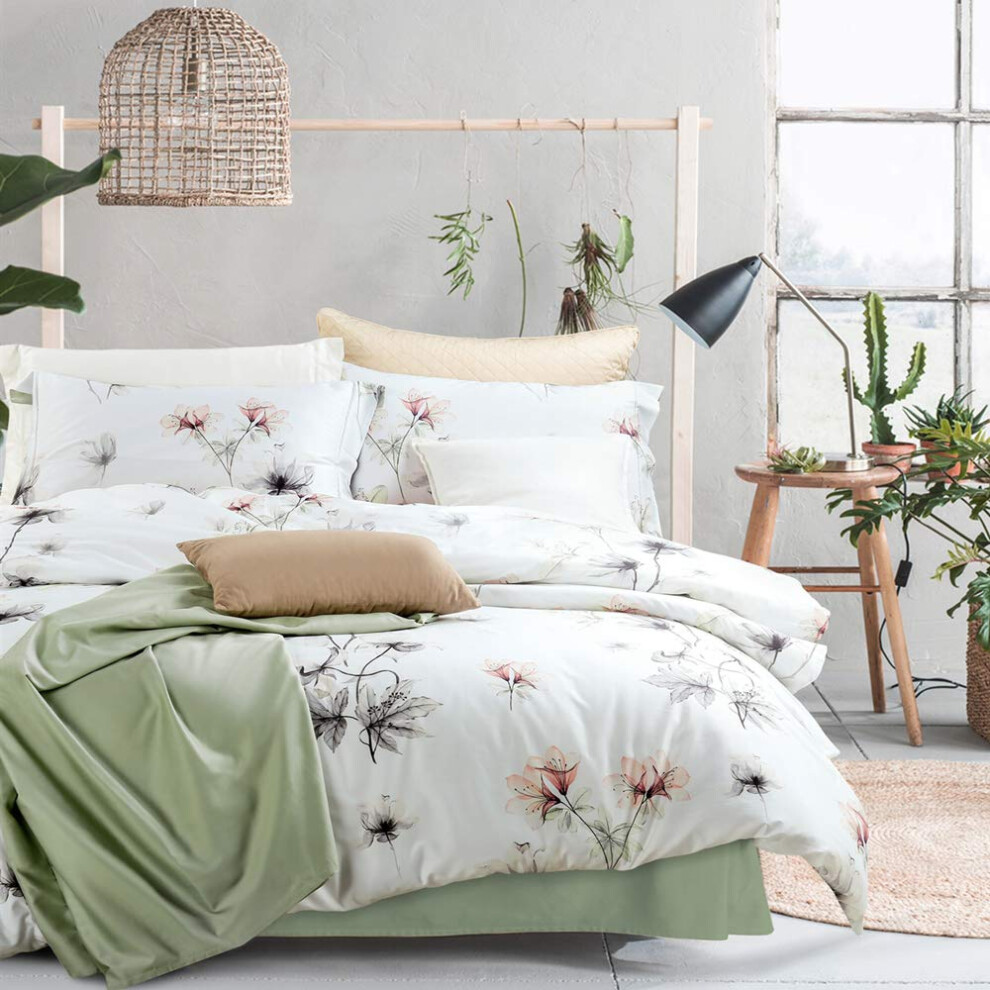 Parure de lit 3 pi   ces en coton     longues fibres 100 % doux, motif floral blanc et vert, housse de couette imprim   e, ultra douce et respirante