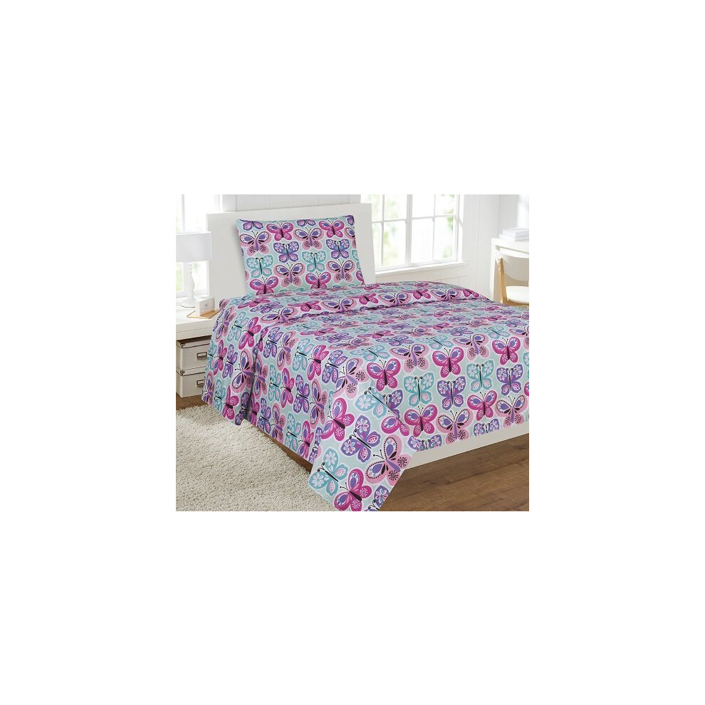 Parure de draps en lin Plus pour filles/adolescentes, motif papillon, bleu clair, turquoise, rose, violet, drap-housse et taie d'oreiller, taille
