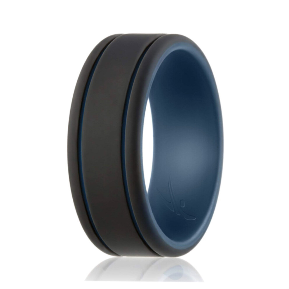 Alliance en silicone - Collection Duo 2 Fines Lignes - Bleu-Noir par ROQ pour Homme - Bague 14 mm