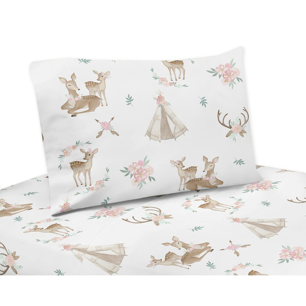 Sweet Jojo Designs Blush Pink  Mint Green and White Boho Twin Sheet Set for Woodland Deer Floral Collection - 3 Piece Set