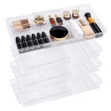 Oubonun Expandable Drawer Organizer 11.1 to 19.2 Width Shallow Cosmetic Organizer 1.3 Height 4 Packs Clear Plastic Storage Trays for Dressing Ta