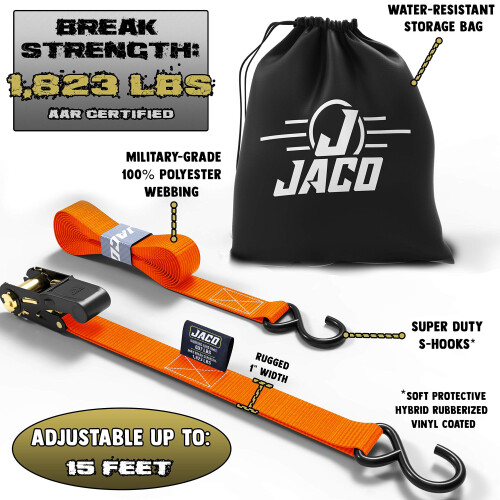 JACO Ιμάντες Στήριξης με Ράουλα - 1 ίντσα x 15 πόδια (4 Συσκευασία) | 1,823 lbs (Πορτοκαλί) 1