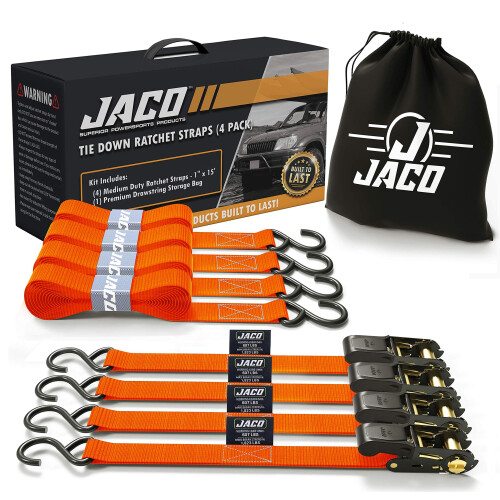 JACO Ιμάντες Στήριξης με Ράουλα - 1 ίντσα x 15 πόδια (4 Συσκευασία) | 1,823 lbs (Πορτοκαλί)