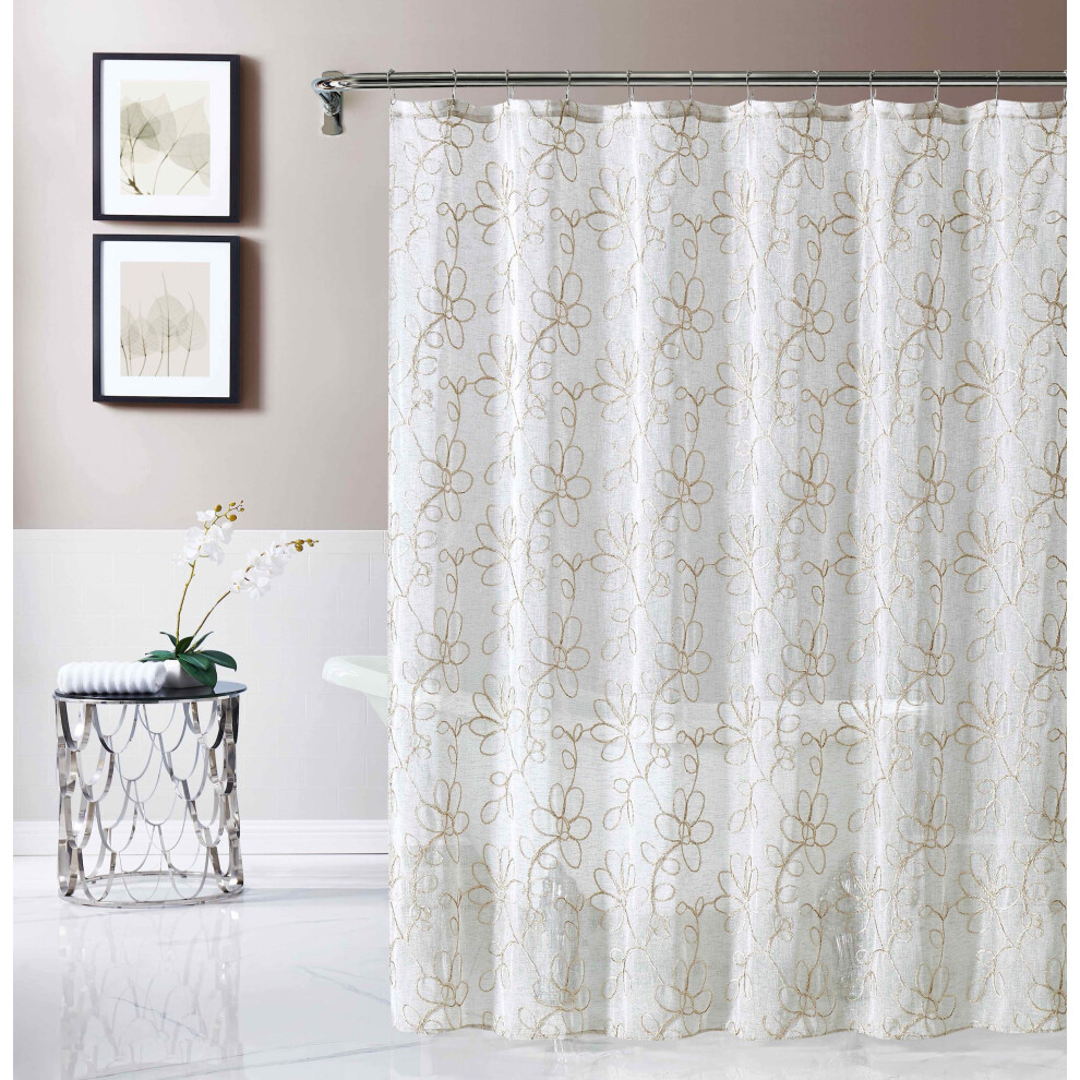 Rideau de douche en lin imperm   able et lavable en machine, motif floral brod    en chenille 3D, rideau de douche blanc, rideau de salle de bain, en