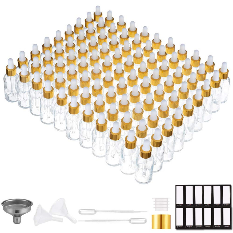 Prettycare Golden Glass Dropper Bottles 99 Pack 1Oz (30Ml) Clear Empty Thick Bottles Bulk With Leakproof Caps - With Labels & Funnels For For Storag