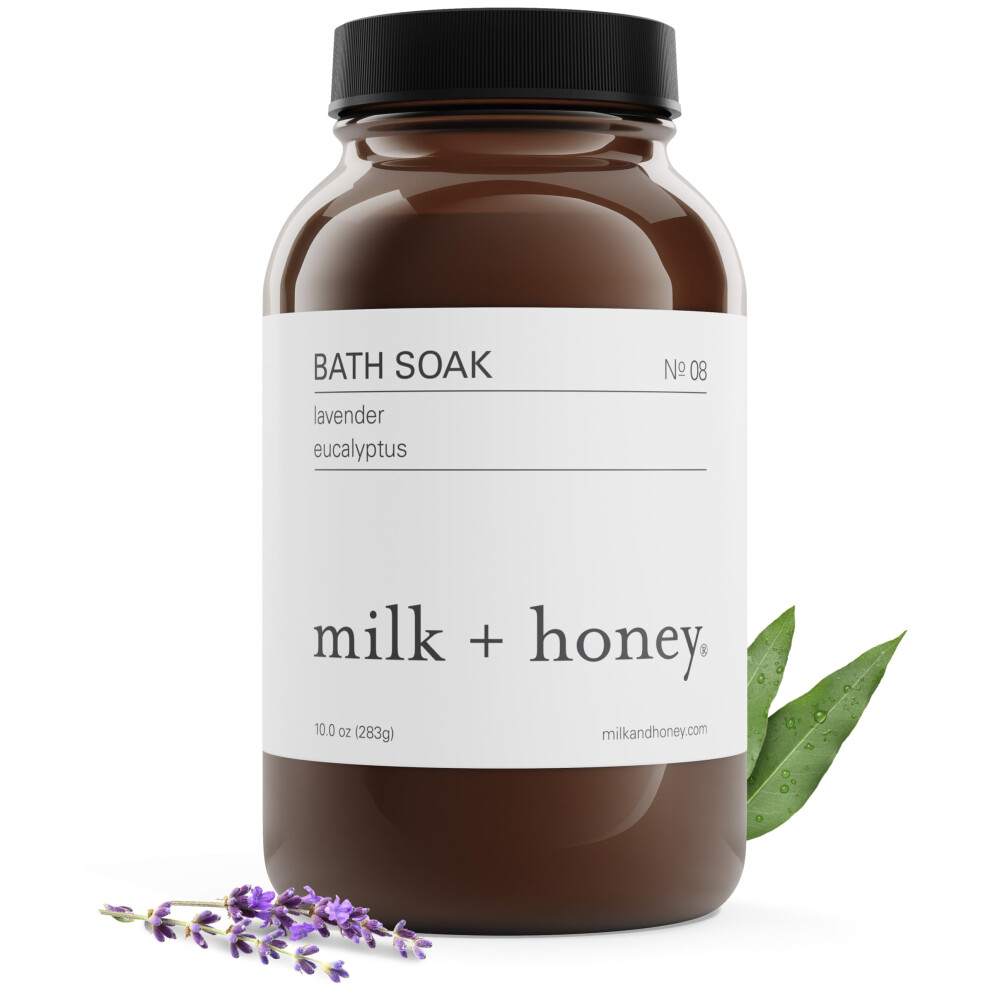milk + honey Calming Bath Soak No. 8  Moisturizing Epsom Salt Bath Soak with Lavender and Eucalyptus Oils  Soothing and Relaxing Bath Soak  10 oz