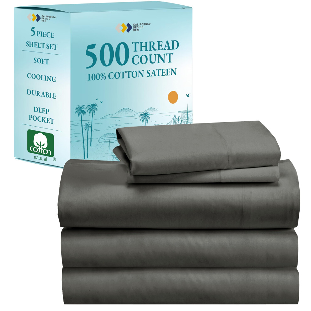 Parure de lit California Design Den Grey, 500 fils au pouce carr   , 100 % pur coton satin   , respirante, pour lit double, king size, 100 % coton