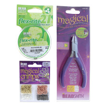 Beadsmith Magical Crimper Kit sislt puristuspihdit 500 puristusputkea 2x2mm eri vreiss ja 21-sikeisen FlexRite-langan luovat tasaiset pyristet
