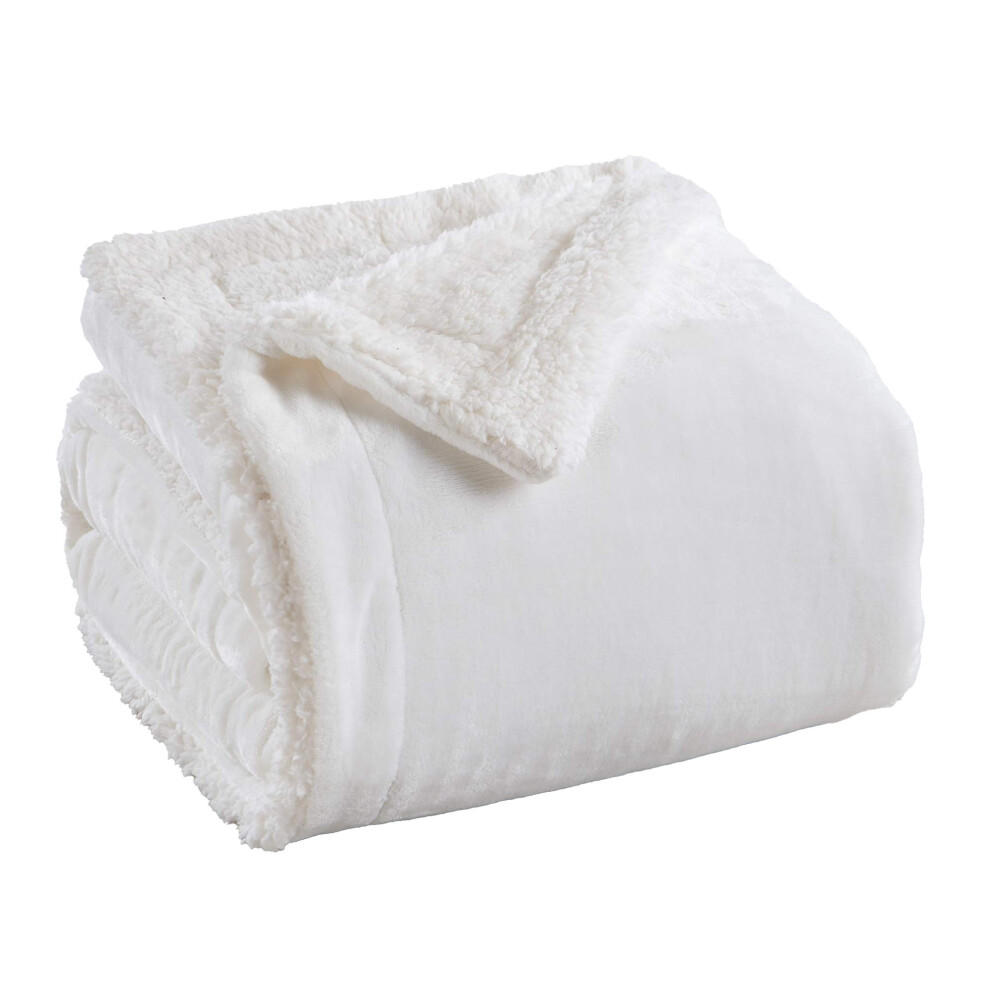 Plaid polaire sherpa et velours blanc optique,    pais et moelleux pour fauteuil, canap    ou lit. Chaud, r   versible et doux. Kinsley