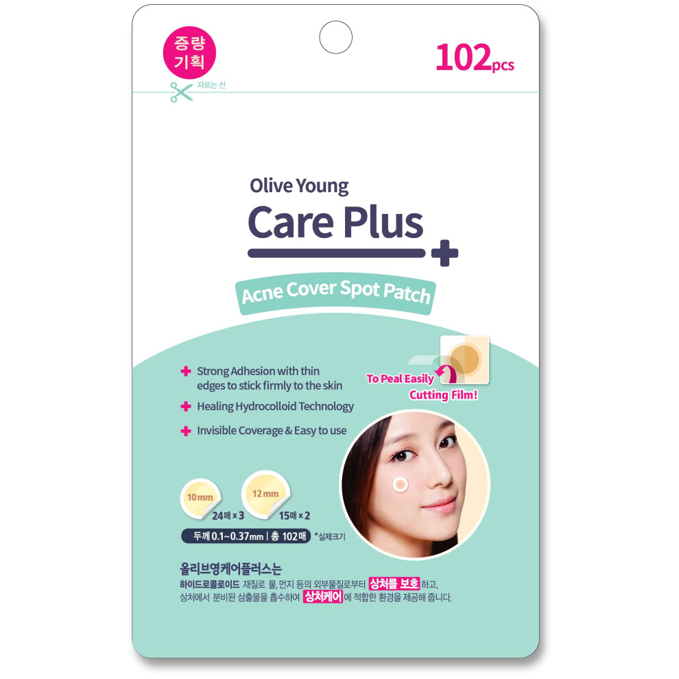 Olive Young Care Plus Spot Pimple Patches 1Pack(102 Count) - Hydrocolloid Bandages, Sticker Pack For Acne, Blemishes, And Zits, (10Mm*72Ea+12Mm*30Ea)