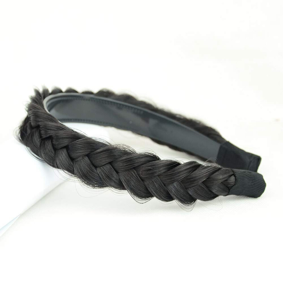 Diguan Headband Synthetic Hair Plaited Headband Braid Braided With Teeth Hair Band Accessories For Women Girl Width 1 Inch (W-Natural Black)