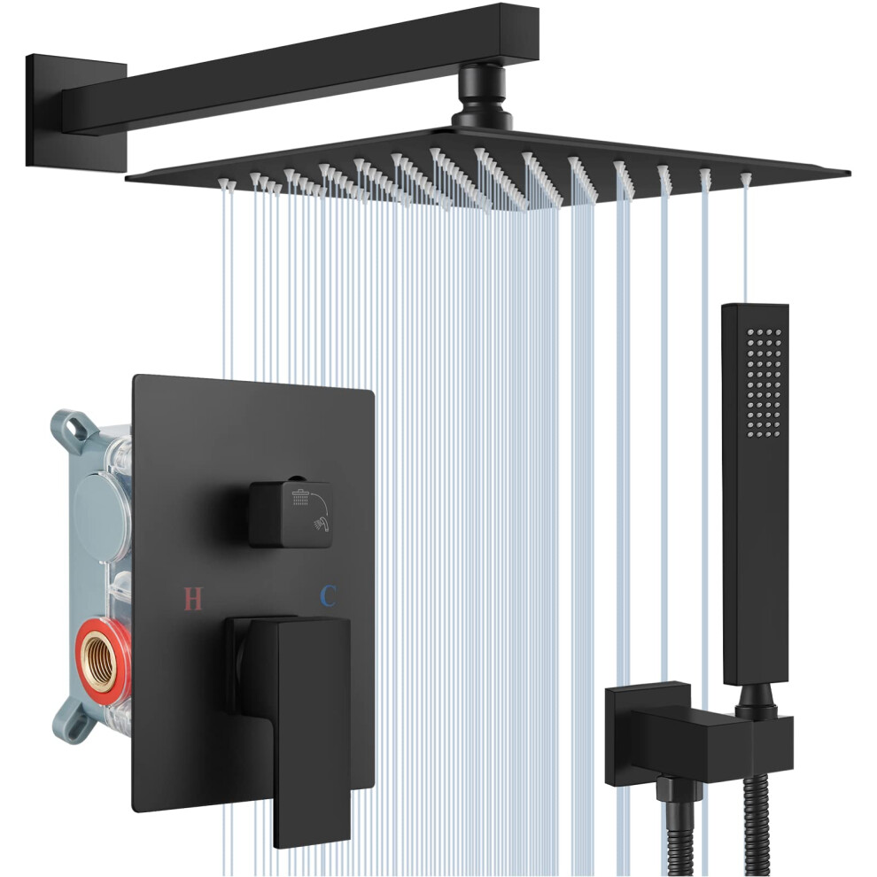 Midanya Matte Black Rain Shower System 10 Inch Square Rainfall Shower Head Wall Mount Shower Faucet Set with Hand Sprayer Rough-in Valve Trim Kit Bath-image-OPC-PF5VJM7-NEW