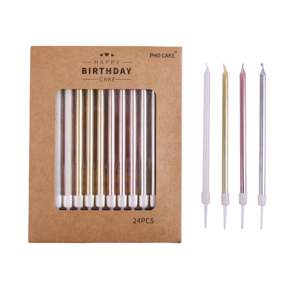 Phd Cake Lot De 24 Bougies D'anniversaire Longues Dans Des Supports En Or, Argent, Or Rose, Blanc, Bougies Pour G Teaux, F Tes D'anniversaire, D-image
