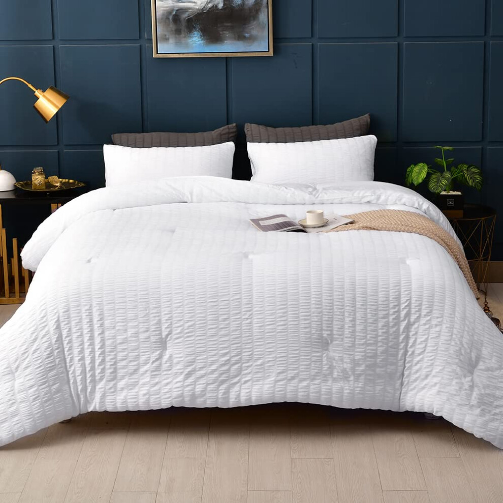 AveLom Seersucker Comforter Set Full Size 80x90 Inches White 3 Pieces Unisex
