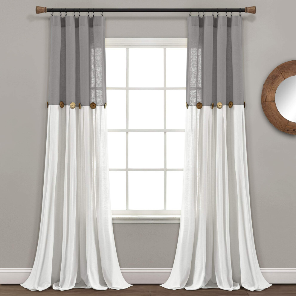 Lush Decor Linen Button Window Curtain Single Panel  40""""W x 84""""L  Dark Gray & Off-White-image-OPC-PFNQX29-NEW